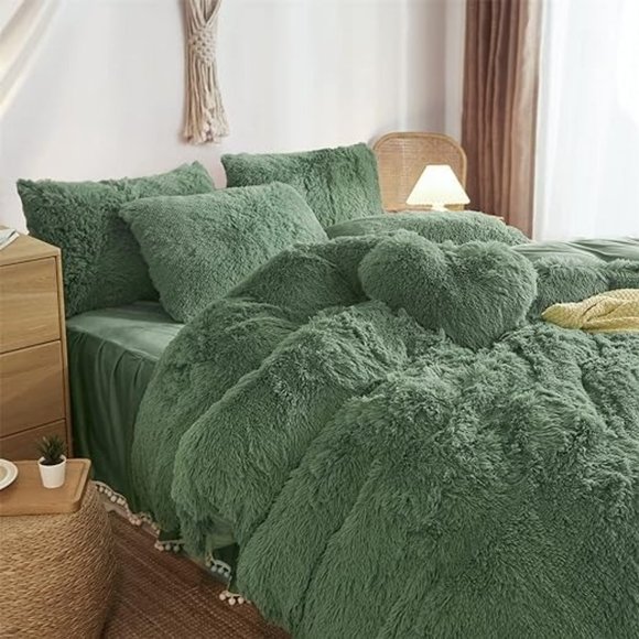 QUEEN ONLY   Fluffy  Comforter Cover Set Faux Fur Green Bedding 3 Pieces… - Picture 4 of 15
